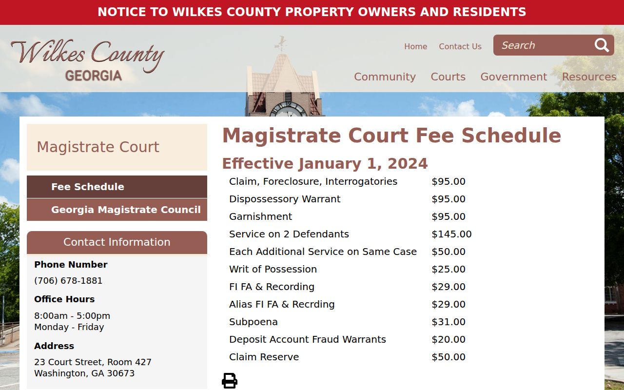 Wilkes County warrant search Magistrate fee table