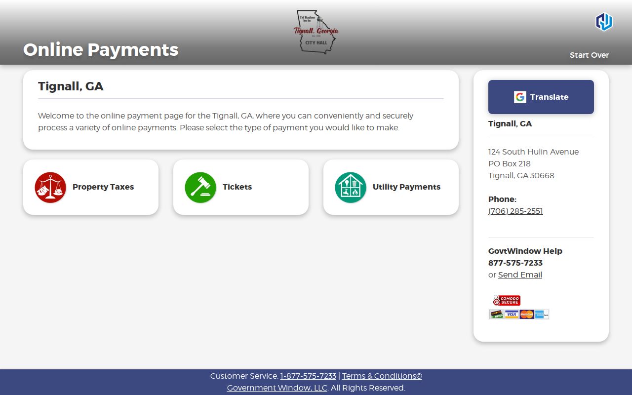 Tignall Government Window portal with property tax, tickets, and utility payment choices